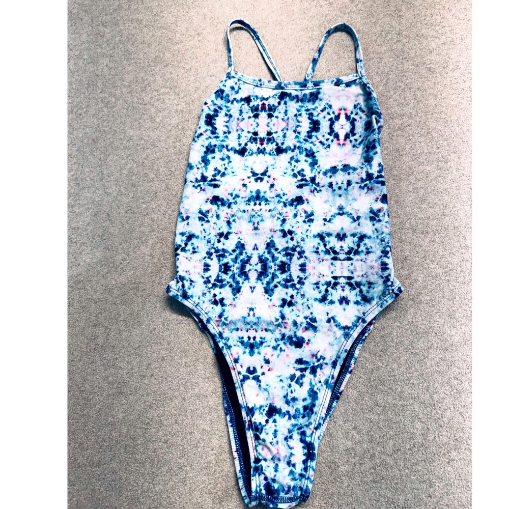 Jolyn One Piece Swimsuit Womens 28 Blue Tie Dye Strappy Back High Cut Training